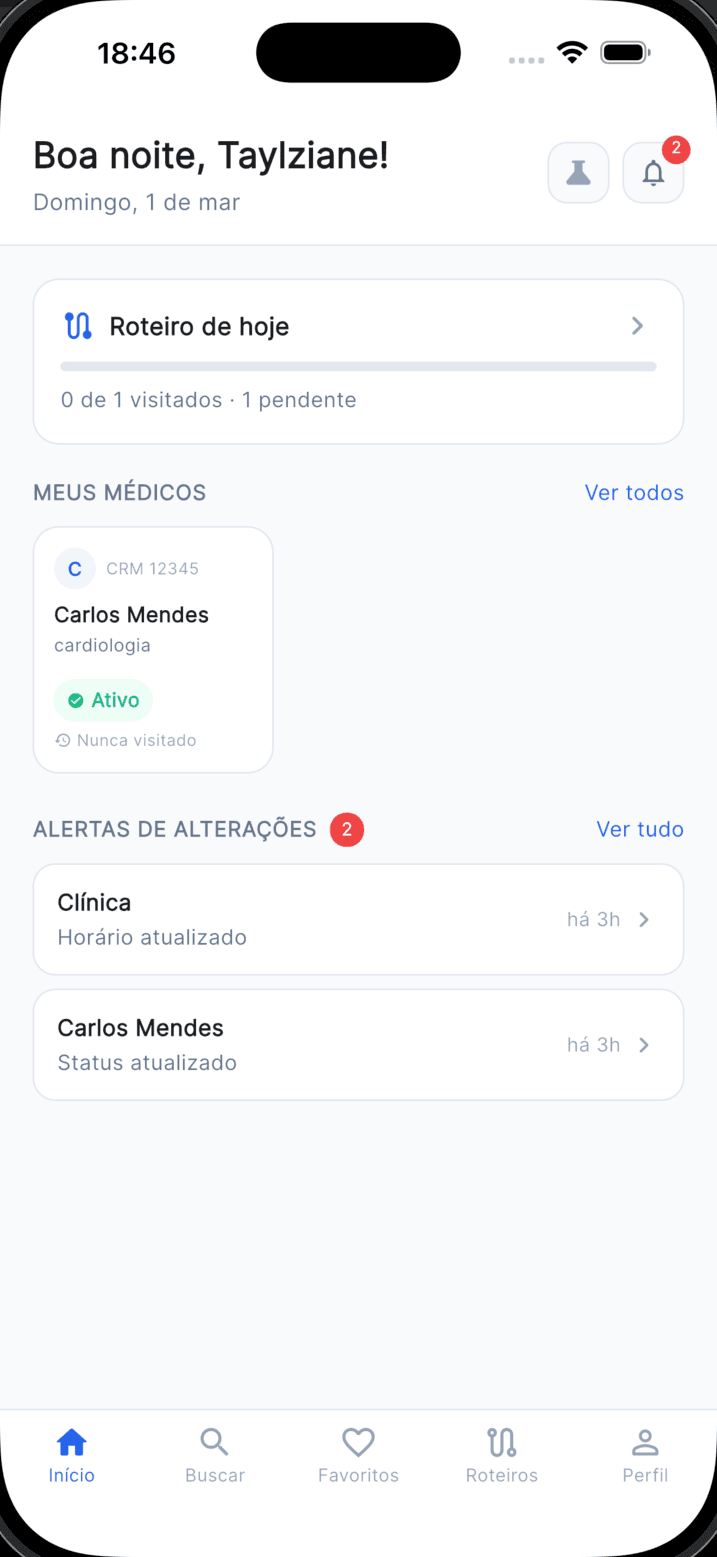 RepSync Dashboard — roteiro do dia, meus médicos e alertas